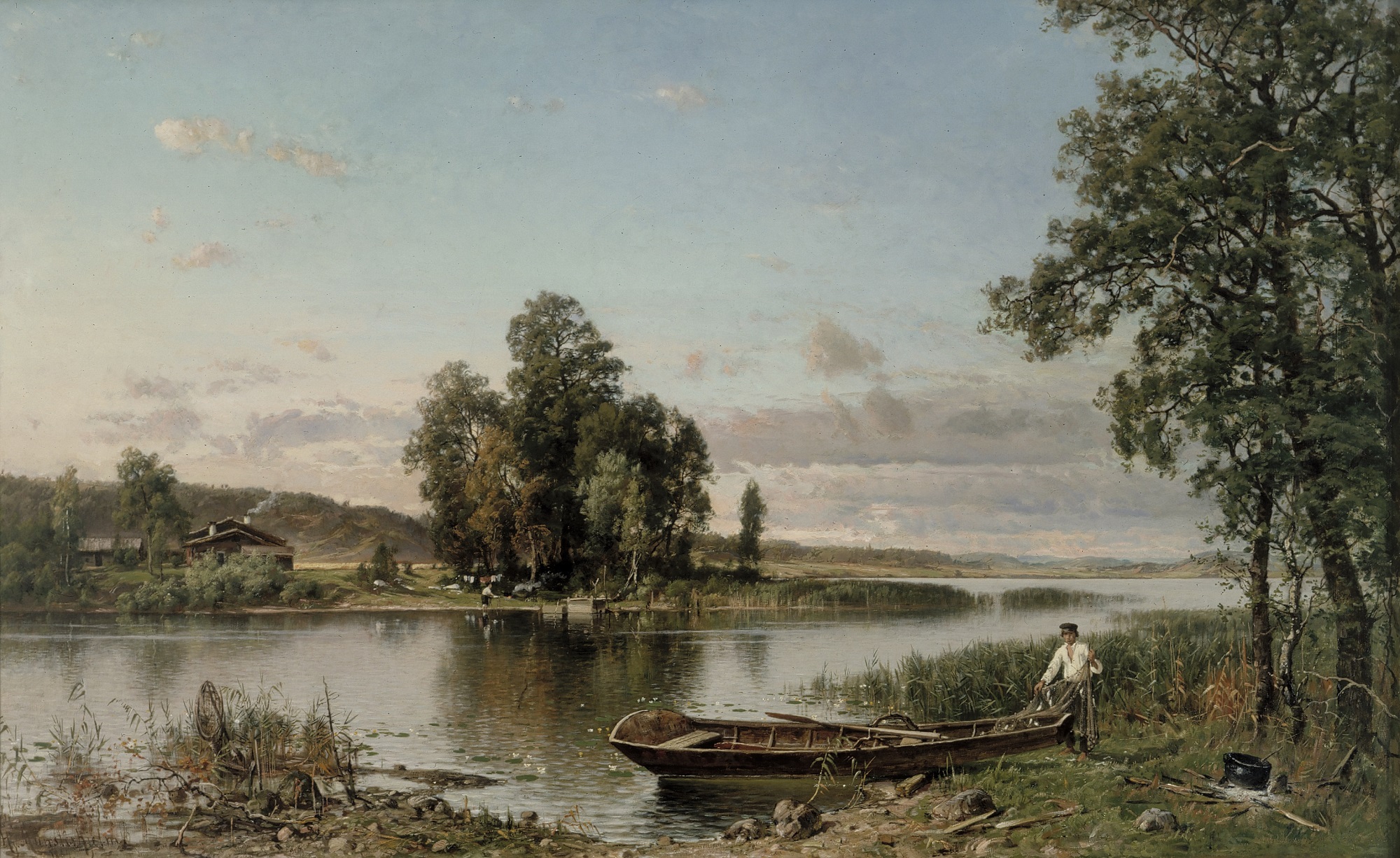 Hjalmar Munsterhjelmin kesäinen maalaus hämäläisestä järvimaisemasta, jossa veneen äärellä mies nostamassa kalastusverkkoja veneestään.