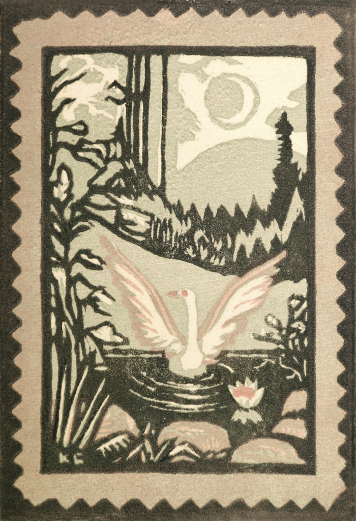 Onnen lintu III, 1936-1942, väripuupiirros, 14,5 x 10 cm, Hämeenlinnan taidemuseo. Kuva: Hämeenlinnan taidemuseo, Reima Määttänen