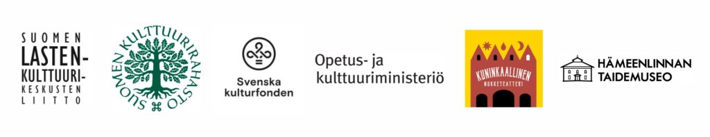 logot: Suomen lastenkulttuurinkeskusten liitto, Suomen Kulttuurirahasto, Svenska Kulturfonden, Opetus- ja kulttuuriministeriö, Kuninkaallinen nukketeatteri, Hämeenlinnan taidemuseo