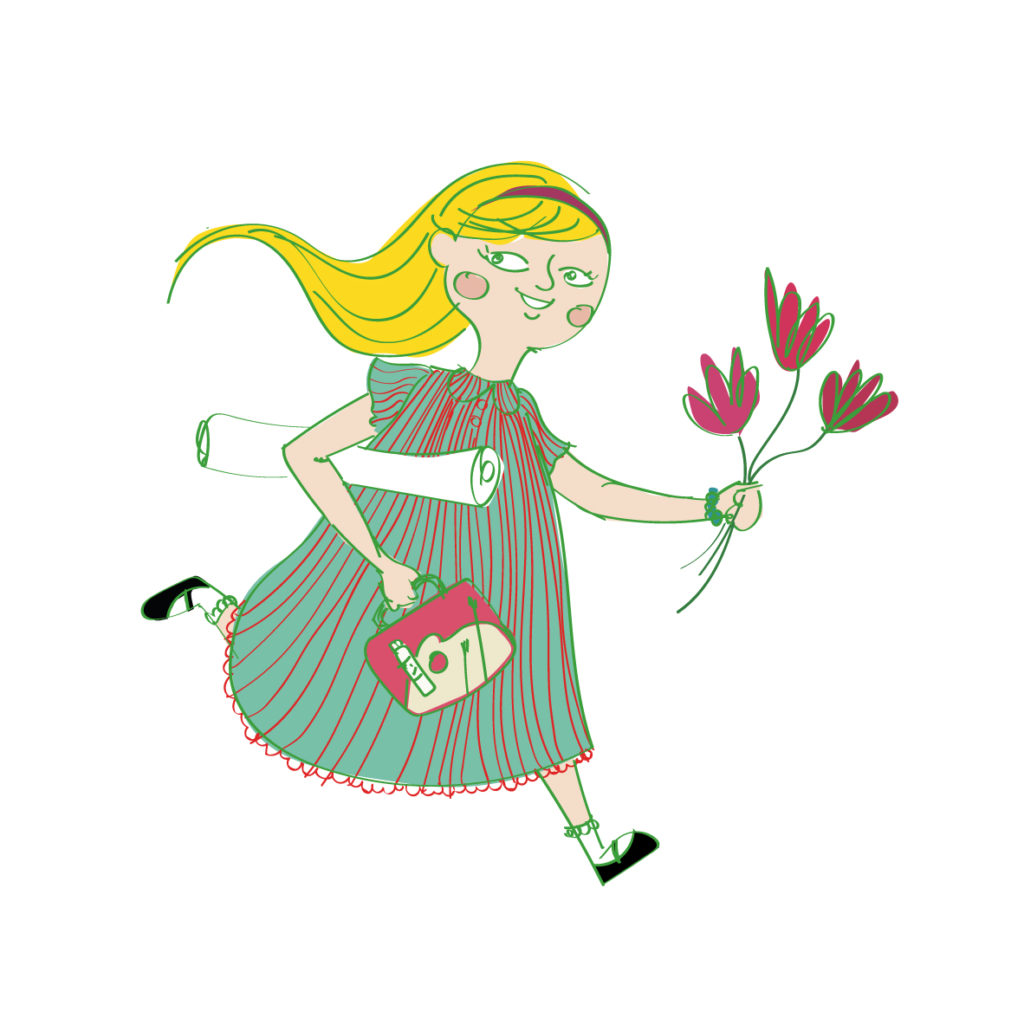 Tanja Tikan piirtämässä kuvassa tyttö juoksee kukkia kädessä
