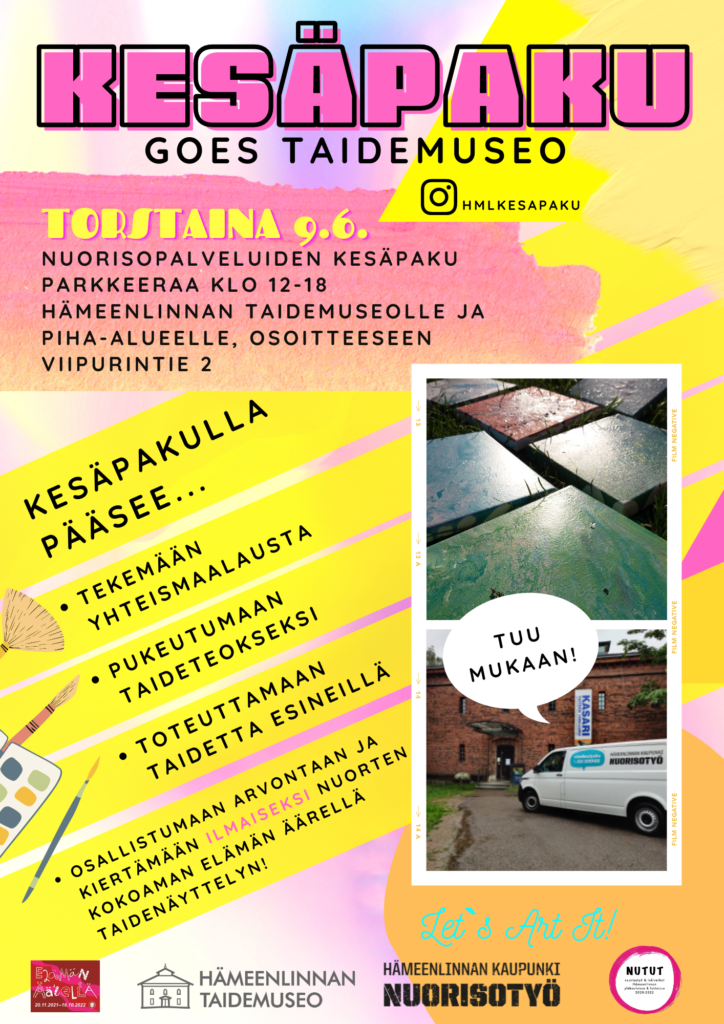 Flyeri Hämeenlinnan kaupungin nuorisotyön Kesäpakun vierailusta Hämeenlinnan taidemuseolla to 9.6. klo 12-18