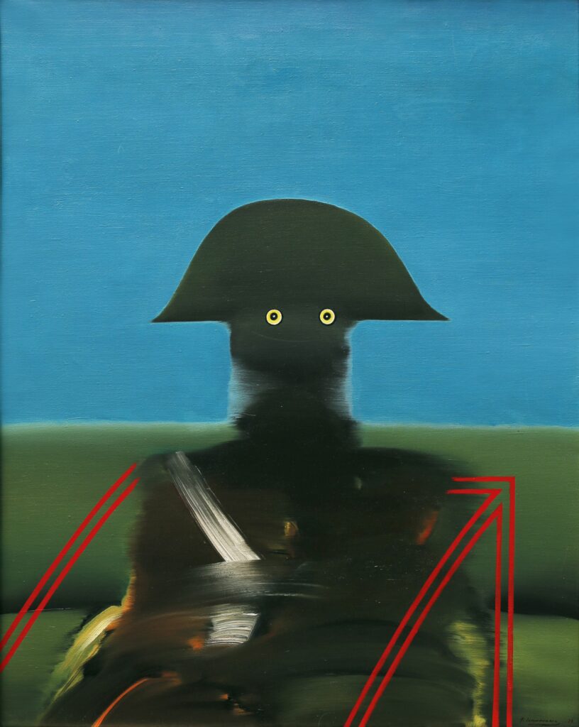 Juhani Linnovaaran maalaus, jossa musta Napoleon-hahmo.