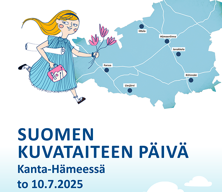 Kuvassa tyttö mekossa juoksemassa Kanta-Hämeen kartta taustalla.