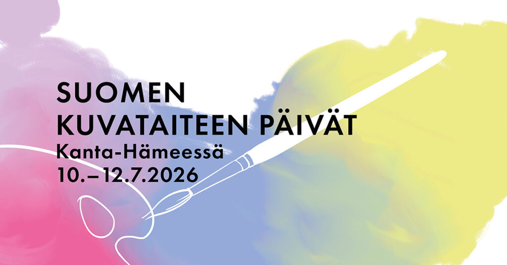 Suomen kuvataiteen päivän otsikko värikkäällä taustalla jossa sivellin ja maalauspaletti