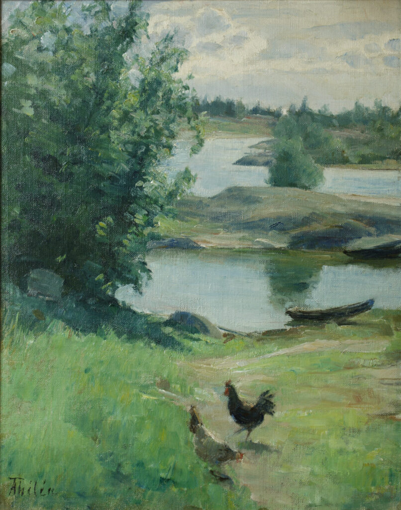 Kuvassa maisema, jossa kukko ja kana